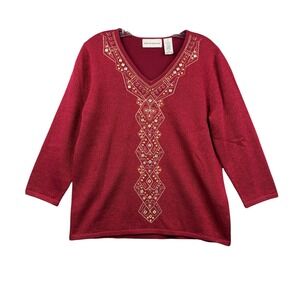 Alfred Dunner Red Metallic Shimmer Embellished V-Neck Sweater Womens Small